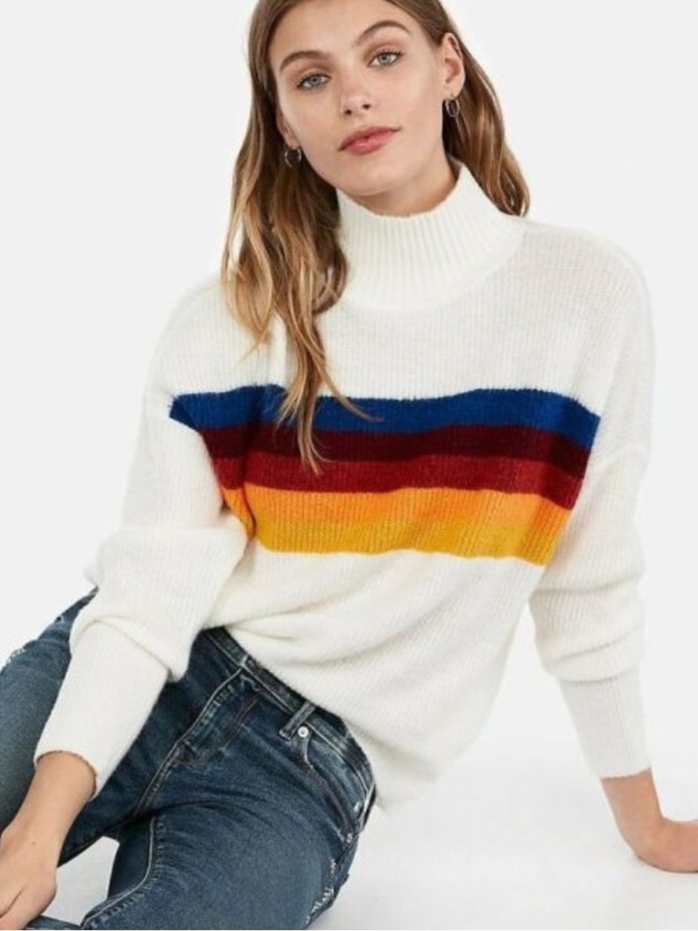Express Women Size XS Retro Rainbow Stripe Mock Turtleneck Sweater NWT
